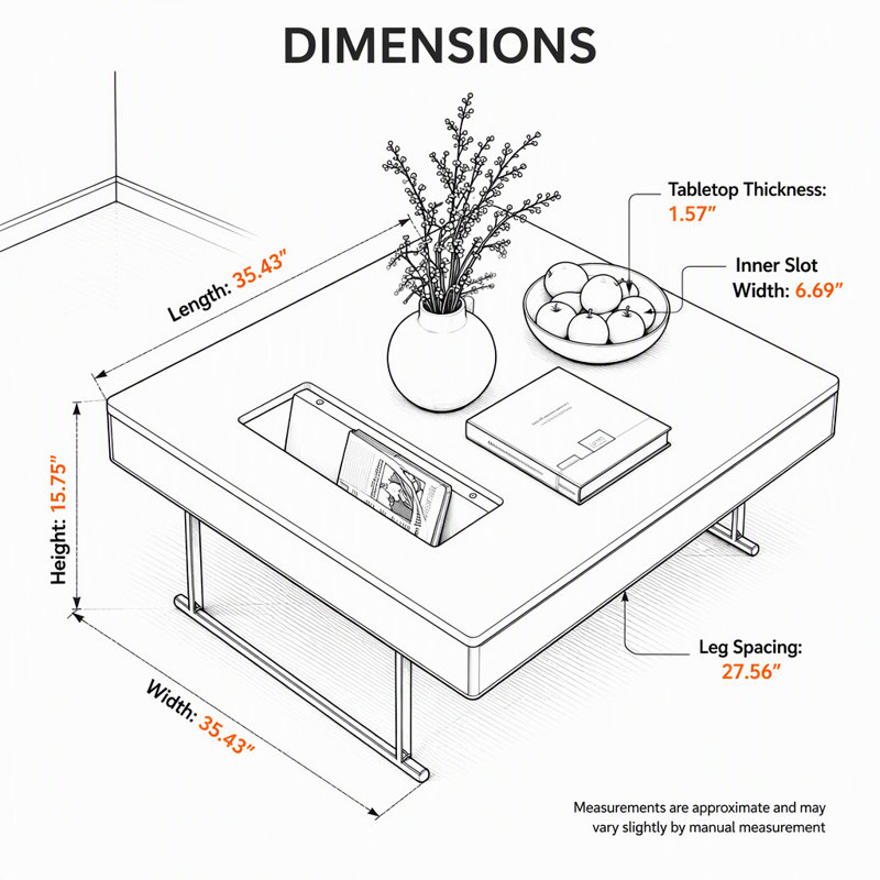 Table basse 35,43 po carrée en noyer avec plateau de table épaissi et base en acier inoxydable