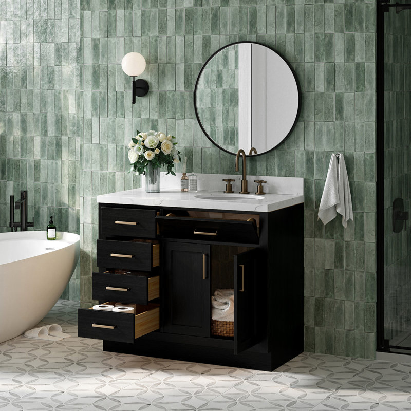 Meuble-lavabo simple en bois massif 42 po Tidworth avec plateau en quartz Carrara de 1,5 po, Oui, Ovale, Chêne noir