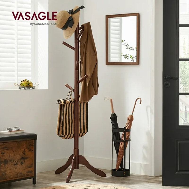 Kimra Solid Wood Freestanding 8 - Hook Coat Rack, Dark Walnut