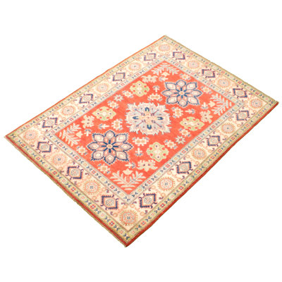 Tapis unique rouge / beige en laine noué à la main de style années 2010 de 5 pi x 6 pi 8 po Qaiden