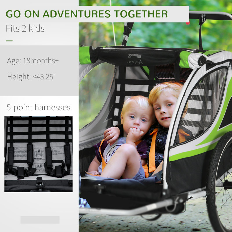 Green Foldable 2-in-1 Child Bike Trailer Stroller