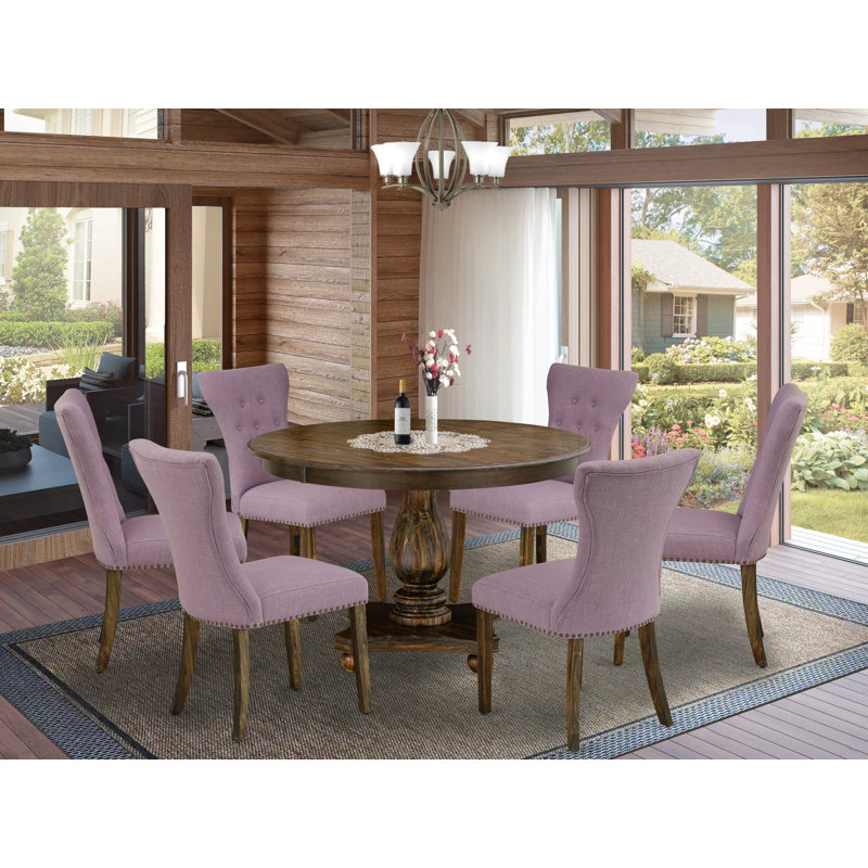 7 Piece Kitchen Table & Chairs Set Consist of a Round Dining Room Table with Pedestal and 6 Dahlia Linen Fabric Upholstered Chairs, Distressed Jacobean