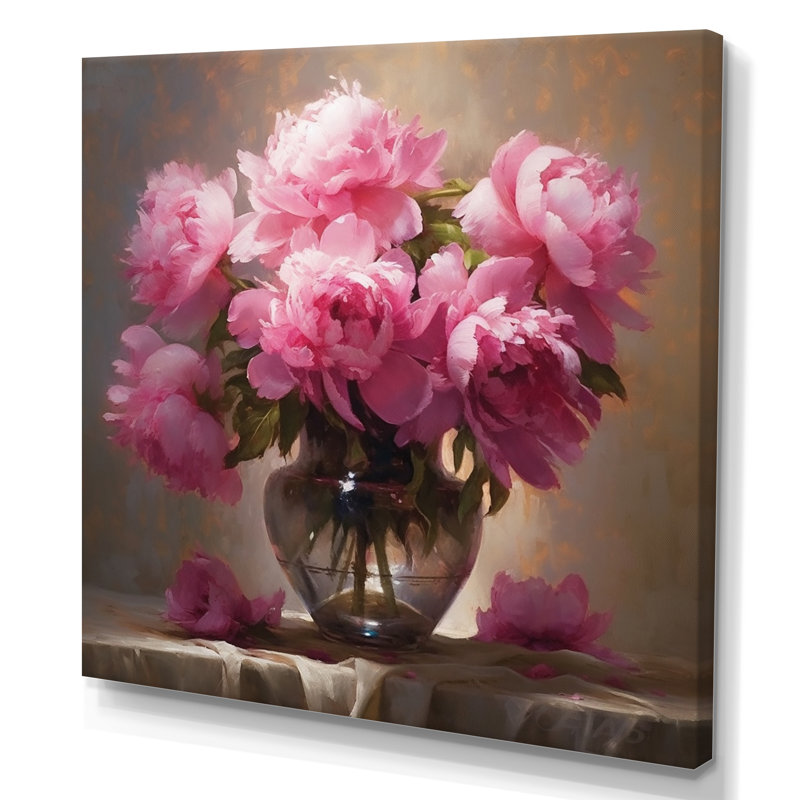 Pivoine rose verte captivante I sur toile, H 30 po x l 30 po x P 1 po, Toile tendue