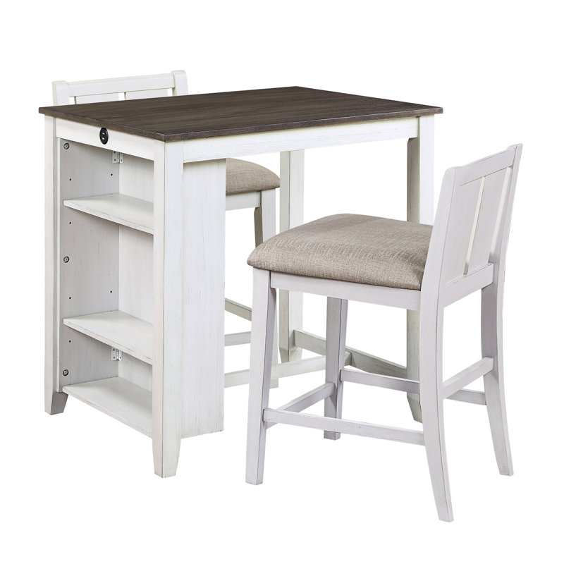Table de salle à manger à hauteur de comptoir avec base blanche et tablette rembourrée en tissu 3 ports intégrés, Gris, Blanc