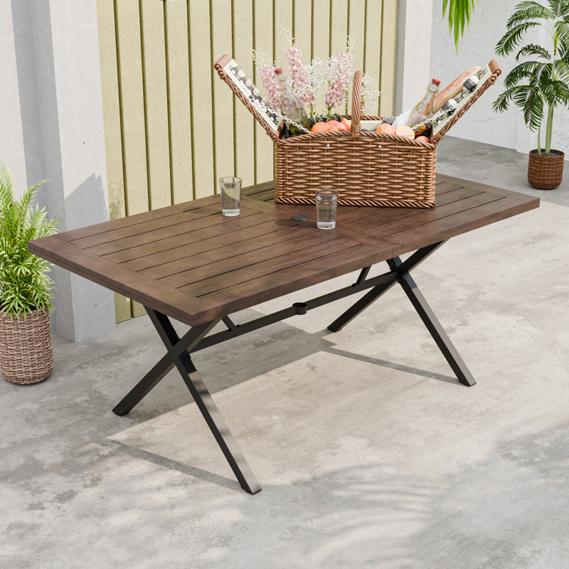 Rectangular Solid Wood Patio Dining Table with Umbrella Hole for 6 Persons