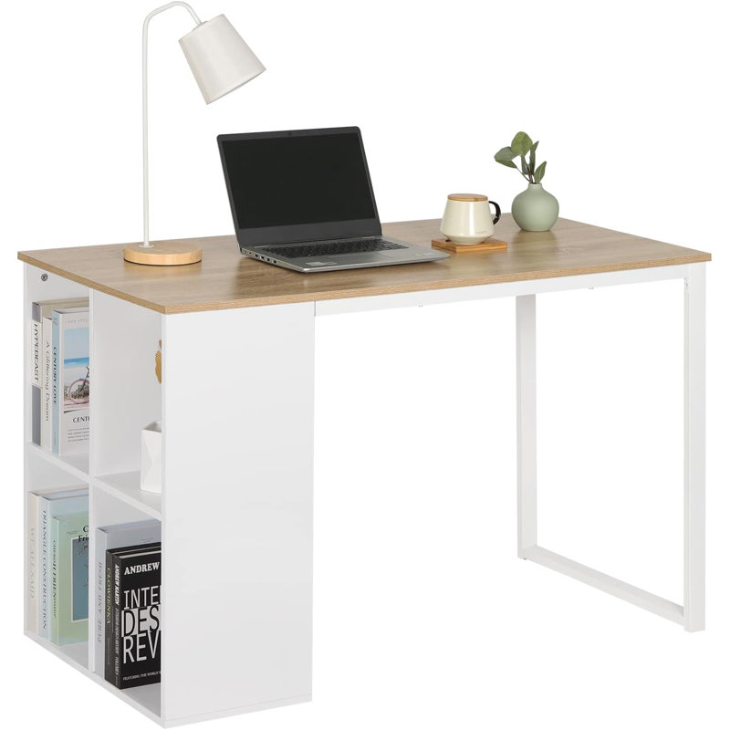Metal Base Writing Desk, White, Light Oak