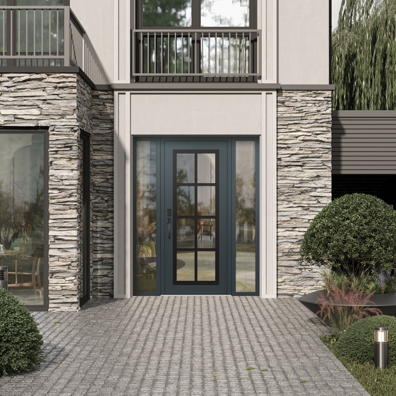 C16 droite 64 po X 80 po Panneau d'entrée en verre noir anthracite et anthracite à panneau avec 2 portes d'entrée en verre pré-montées