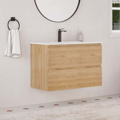 36" Wall-Mounted Floating Bathroom Vanity with Ceramic Sink,Natural Walnut