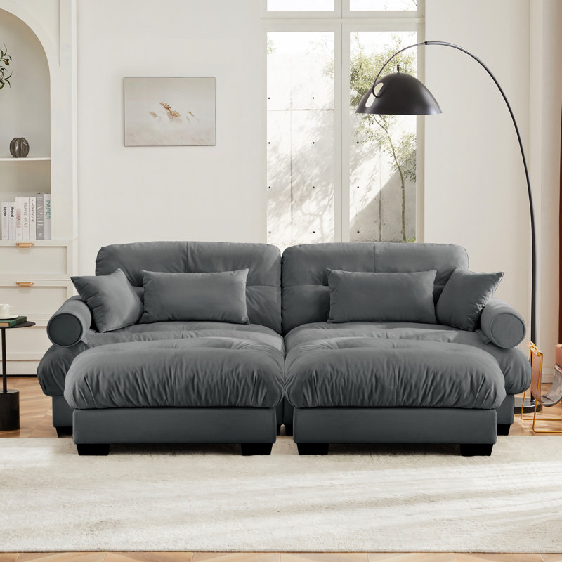 Surdimensionné en velours gris moderne à 2 places avec traversin rond pour une séance de lecture décontractée, coussins décoratifs, coussins décoratifs de style nuage, moelleux et confortable, diverses combinaisons à deux places élégantes,