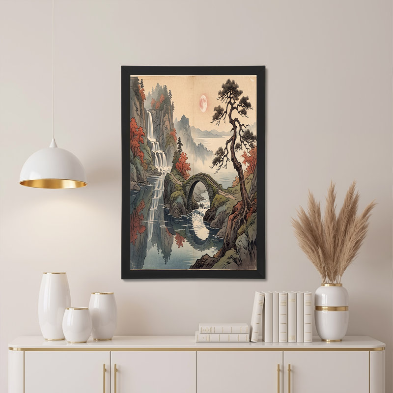Art japonais sur toile, cascade japonaise et pont de pierre sous la lune rose, H 12 po x l 18 po