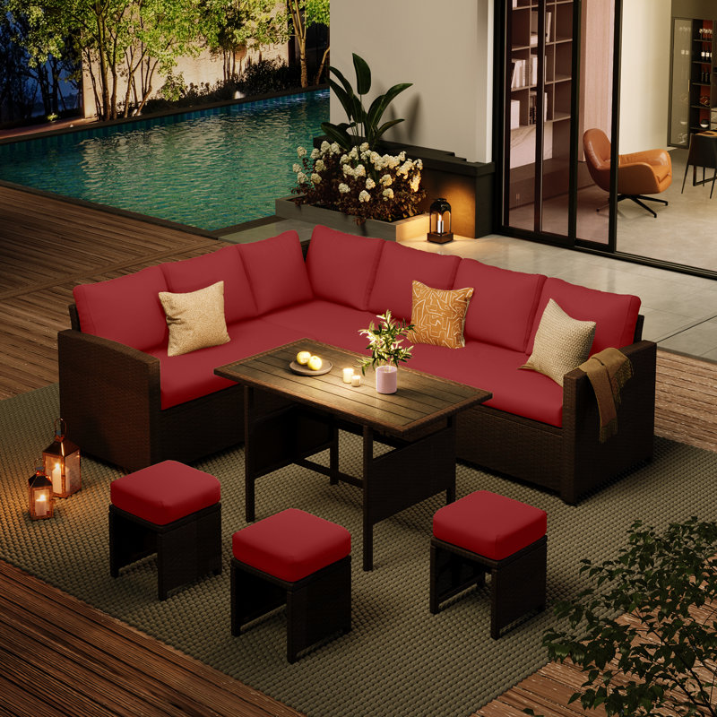 7 Pieces Patio Sectional  Furniture Set With Waterproof Cover, Wine Red Cushion/Brown Frame