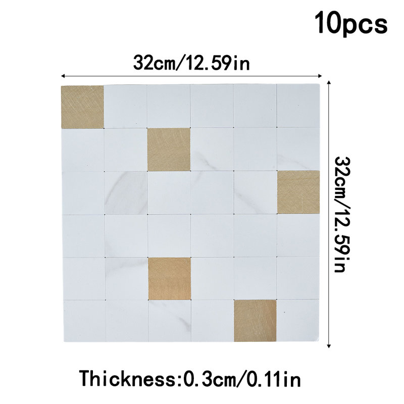 10Pcs Self-Adhesive Marble Wall Tile Stickers, White/Gold