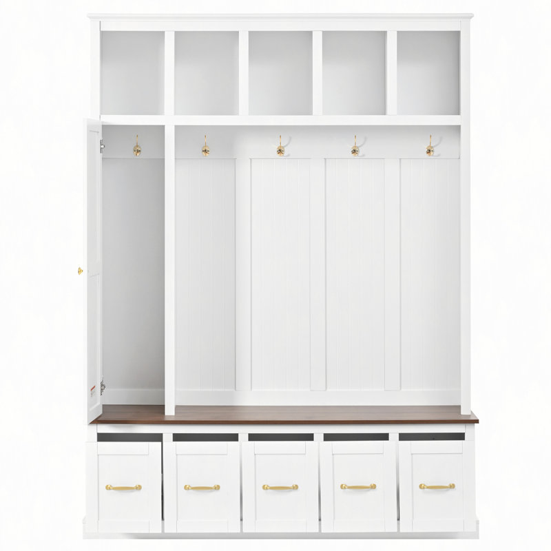 Arbre d'entrée avec porte-manteaux, banc à chaussures et armoire de rangement, Blanc ancien