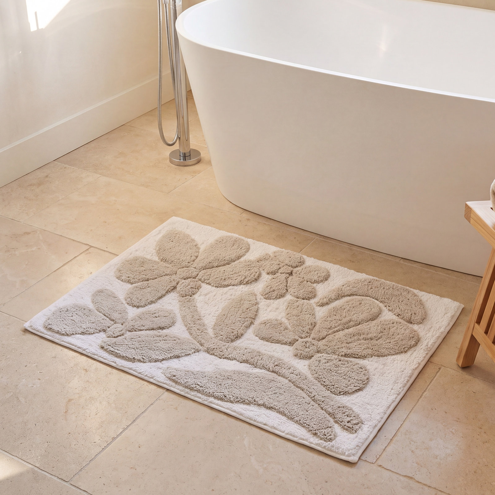 100% Cotton Floral Pattern Bath Mat, Gray Floral, 24 in x 17 in