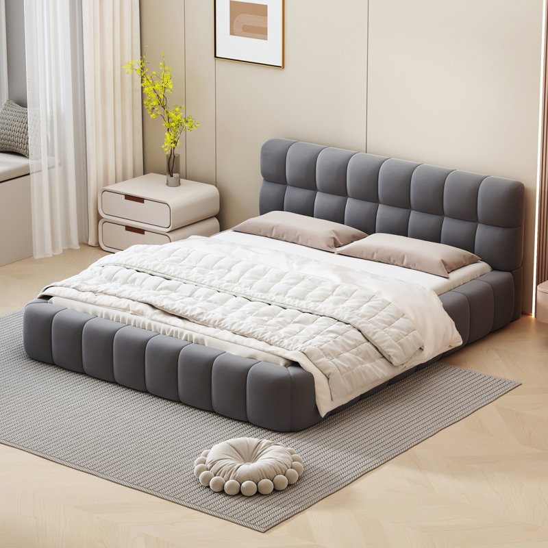 Lit plateforme tapissier bas avec tête de lit capitonnée Bohunice, Gris, Queen