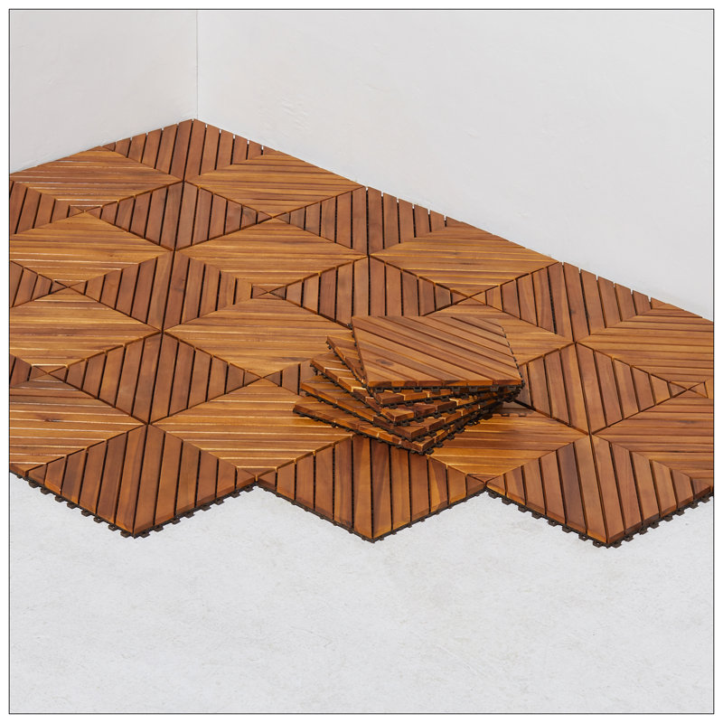 Ensemble de 10 tuiles de terrasse à 12 diagonales en acacia emboîtables, ensemble de 10 pour une installation facile et des solutions de revêtement de sol extérieur ou intérieur durables