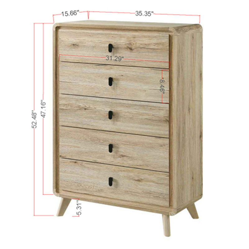 Commode haute Mid-Century beige à cinq tiroirs avec textures naturelles et finition inspirée du bois