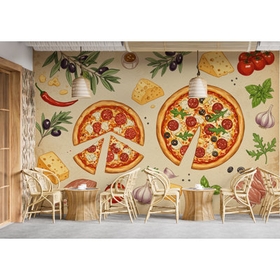 Vintage Pizzeria Wallpaper – Italian Pizza Wall Mural With Rustic Food Illustrations, Kitchen Decor Fabric Restaurant Mural 677RS (Peel-N-Stick) RS677