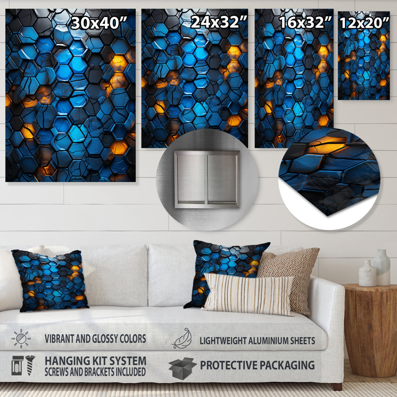 Fractale bleue et jaune mosaïque II - décoration murale abstraite en métal, H 20 po x l 12 po x P 1 po