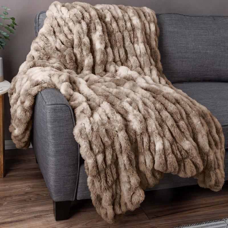 Taupe 60x80-Inch Ruched Faux Fur Queen Blanket
