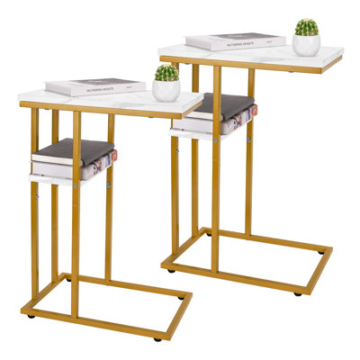 C Table End Table Set Of 2, Side Tables Living Room, C Shaped Side Table, Couch Tables That Slide Under Couch Table With Metal Frame, Rustic Snack Table For Bedroom/Small Spaces Large Desktop (Arble White/ 2 Pack)