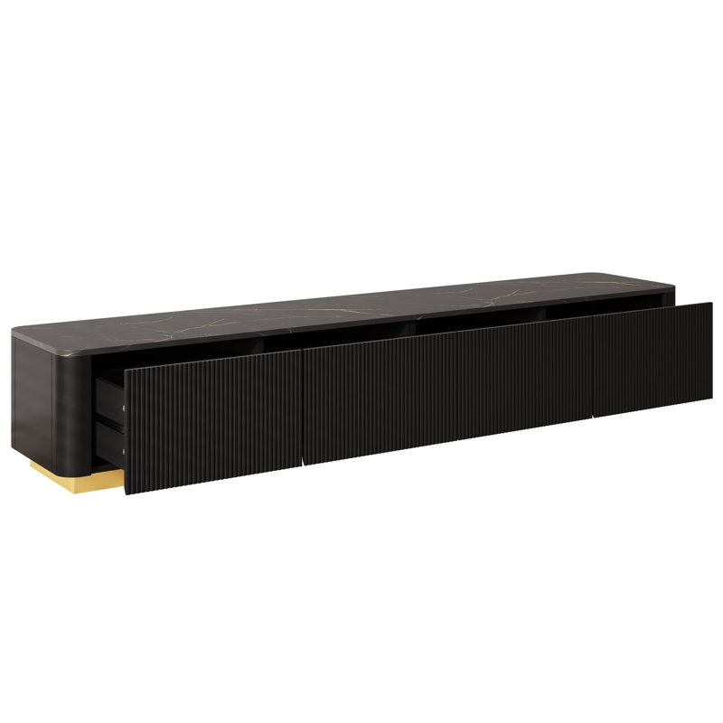 Meuble télé de luxe de 85 po, console média cannelée, plateau en faux marbre noir, 4 tiroirs, base dorée, conception incurvée, plateau de table