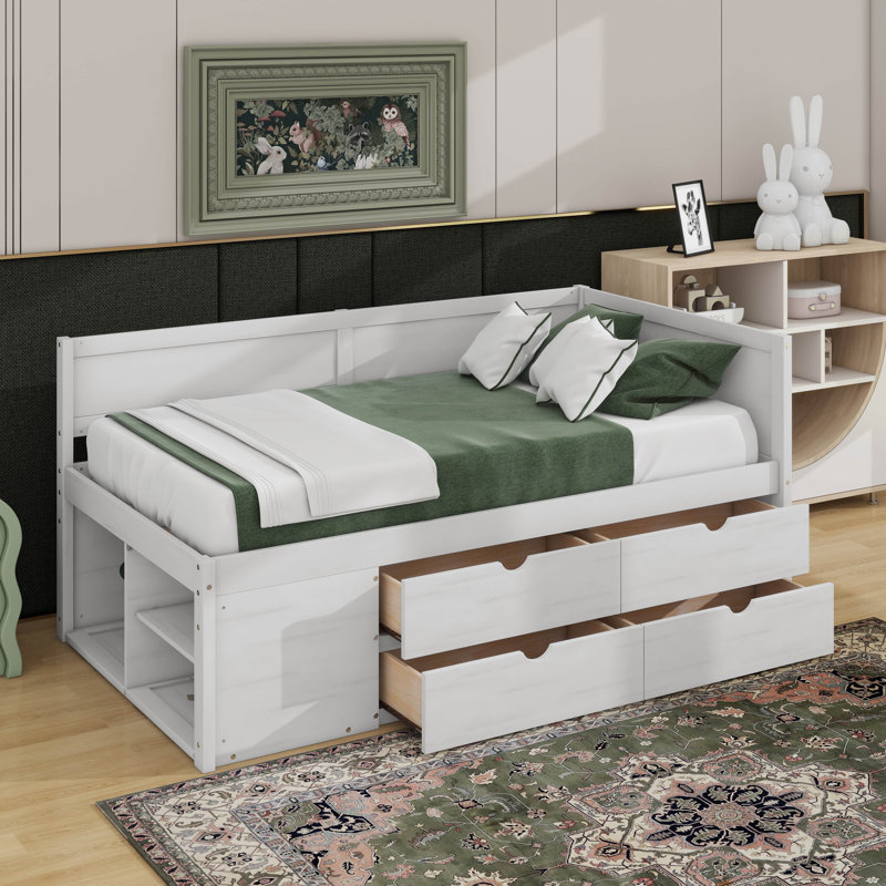 Lit de jour simple avec tiroirs et tablettes, Blanc