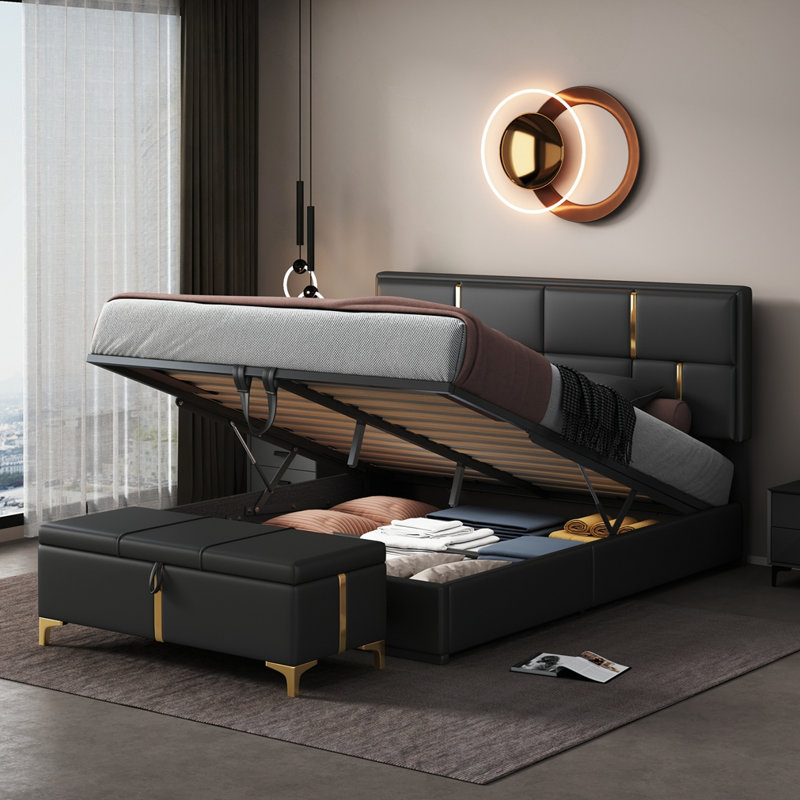 Ensemble de chambre à coucher 2 pièces, lit plateforme tapissier grand avec repose-pieds, Noir