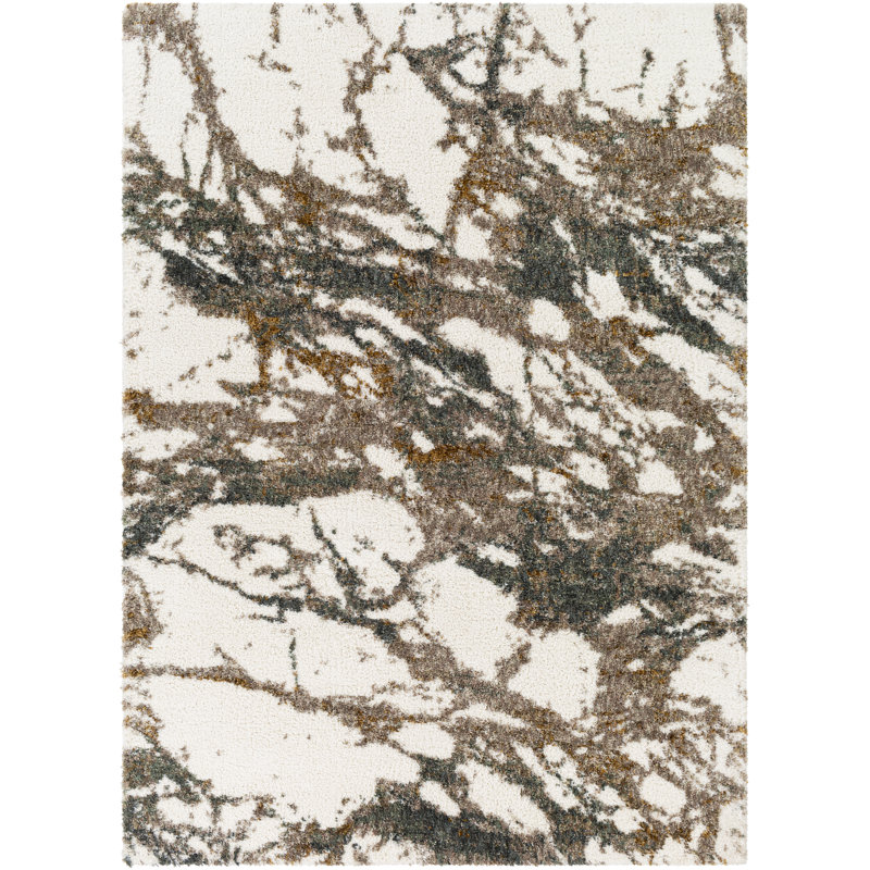 Tapis crème / vert foncé tissé à la machine Azarcon, Rectangle 2 pi x 3 pi