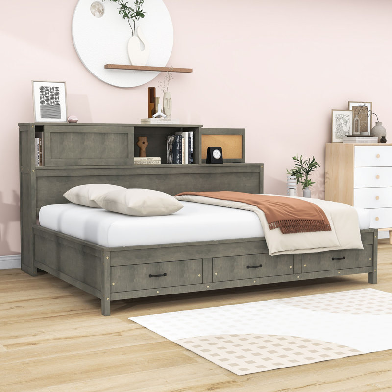 Lit plateforme avec 3 tiroirs Leaty, Complète, gris
