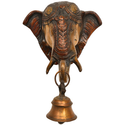 7" Handcrafted Brass Ganesha Wall Hanging Mask with Bell - Traditional Hindu Entrance Decor for Home Protection, Spiritual Art & Good Luck Display - Sacred Wall Decor