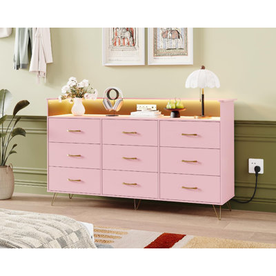 Tall 9-Drawer Wooden Dresser with RGB Lighting and Charging Station,Modern Storage Chest for Bedroom or Living Room