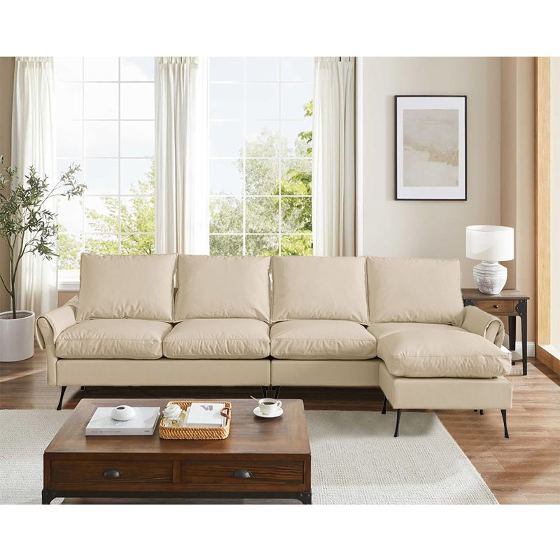 Krystallee Faux Leather L-Shaped Sectional with Ottoman Reversible, White