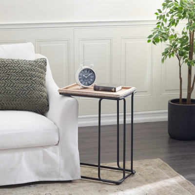Wood Beaded C-Style White Side End Accent Table with Black Metal Base