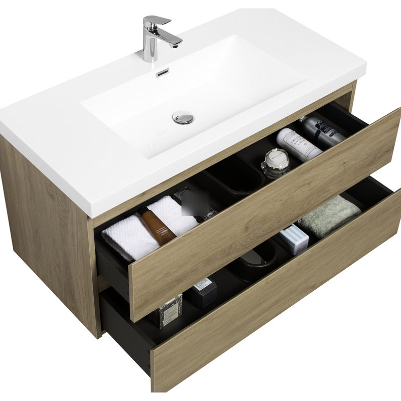 Meuble-lavabo 42 po avec lavabo en résine, bois de chêne naturel et tiroir à fermeture en douceur