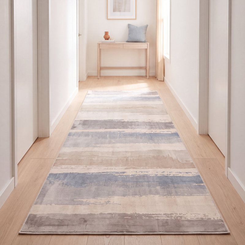Tapis Jasmine moderne à rayures effet pinceau, bleu, gris et beige, lavable à la machine, antidérapant, à poils courts, pour l'intérieur et l'extérieur, adapté aux animaux domestiques, idéal pour le salon, la chambre, la salle à manger, l'entrée, le couloir ou le bureau.