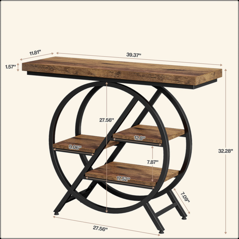 Industrial 4-Tier Entryway Console Table With Geometric Circle Metal Frame & Storage Shelves - Accent Sofa Table For Living Room & Hallway