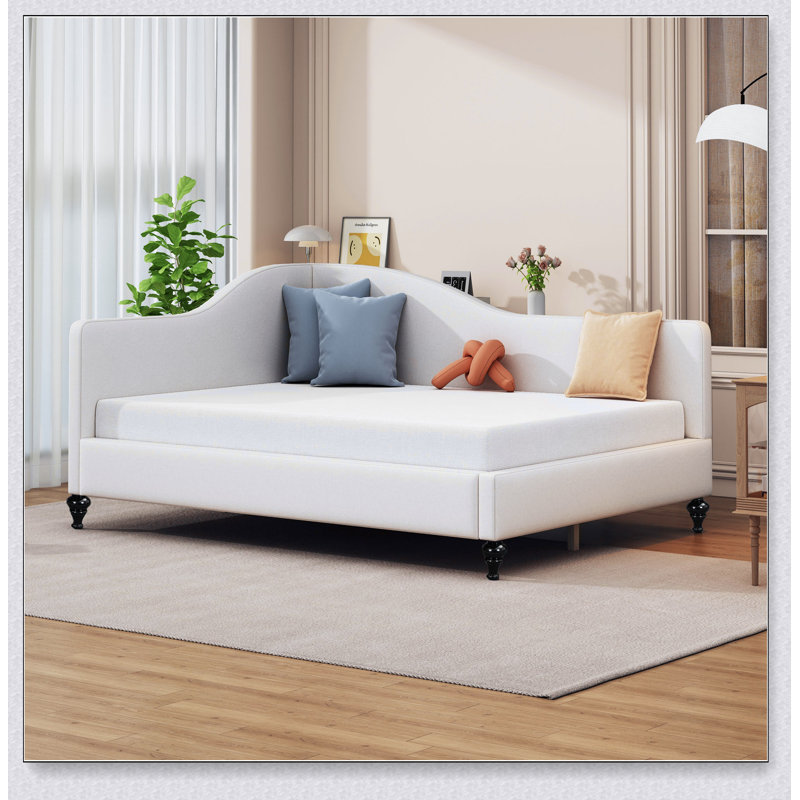 L-Shaped Linen Daybed,With Solid Wood Legs, Beige, Full / Double
