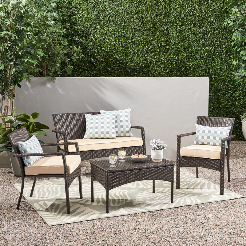  Ensemble de 4 meubles de patio avec causeuse, 2 chaises confortables et une table basse élégante, en osier de polyéthylène durable avec coussins moelleux pour l'extérieur