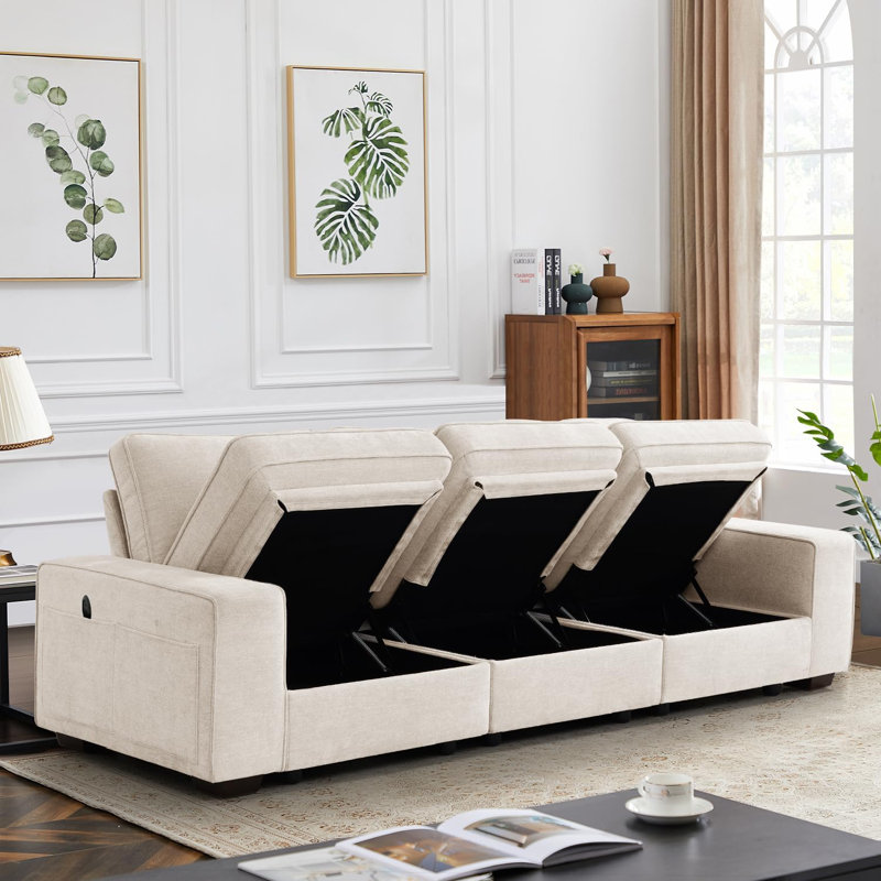 Canapé modulaire en chenille avec espace de rangement USB Rizal, Beige, 3