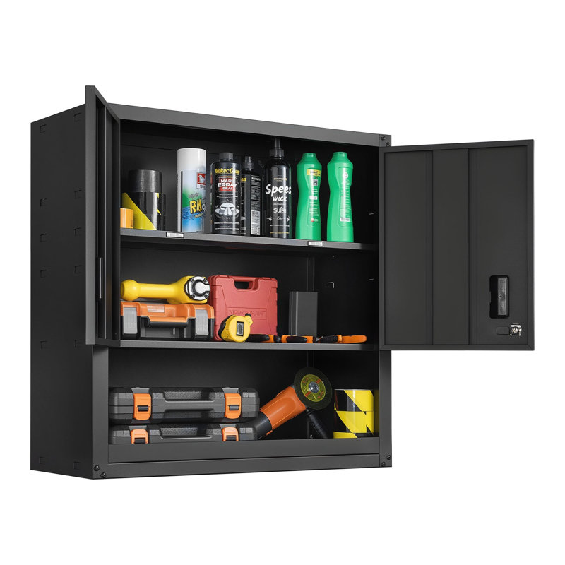 Heavy-Duty Metal Wall Cabinet with Locking Doors & Adjustable Shelf - Black Steel Floating Storage for Garage, Kitchen & Workshop