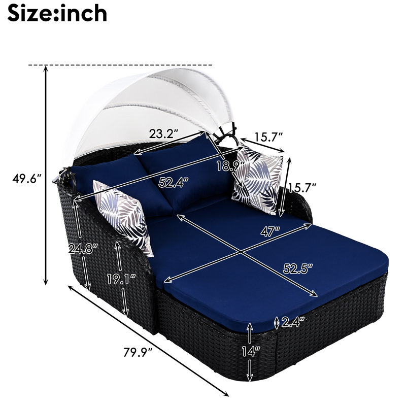 Lit de bronzage d'extérieur avec auvent réglable et coussin tendance - Coussin noir et bleu 79,9 po, Bleu