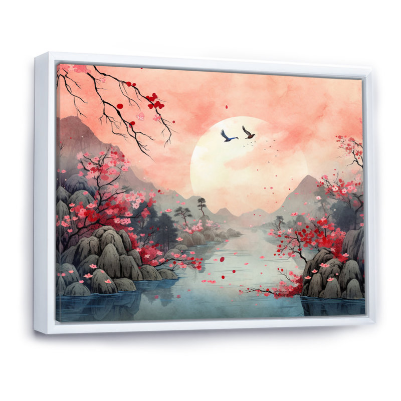 Paysage japonais du soleil levant IV sur toile, H 30 po x l 40 po x P 1,5 po, Cadre flottant blanc