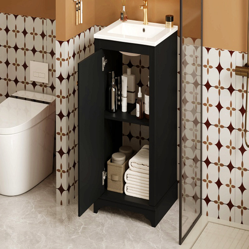 Ensemble de meuble-lavabo sur pied 20 po avec lavabo en céramique, meuble-lavabo simple autoportant avec porte à fermeture douce, tablette réglable, style moderne, noir.