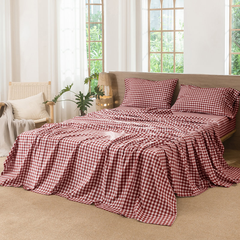 Ensemble de draps 100% coton lavé MooMee, Ensemble de draps pour grand lit avec 2 taies d'or, Rouge brique à feu