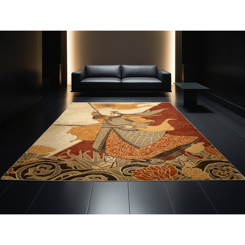 Tapis traditionnel beige lavable à la machine imprimé à motif de banderoles de guerre Coalmont, 2 x 5