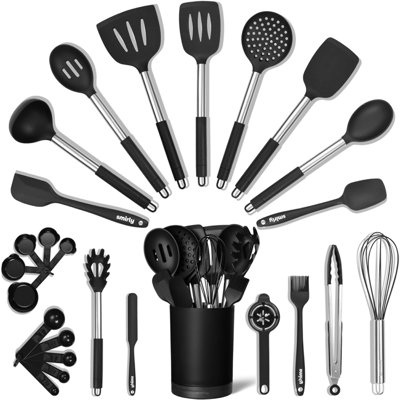 26 Pcs Silicone Cooking Utensil Set,stainless Steel Kitchen Utensils Set,non-stick Heat Resistant,black