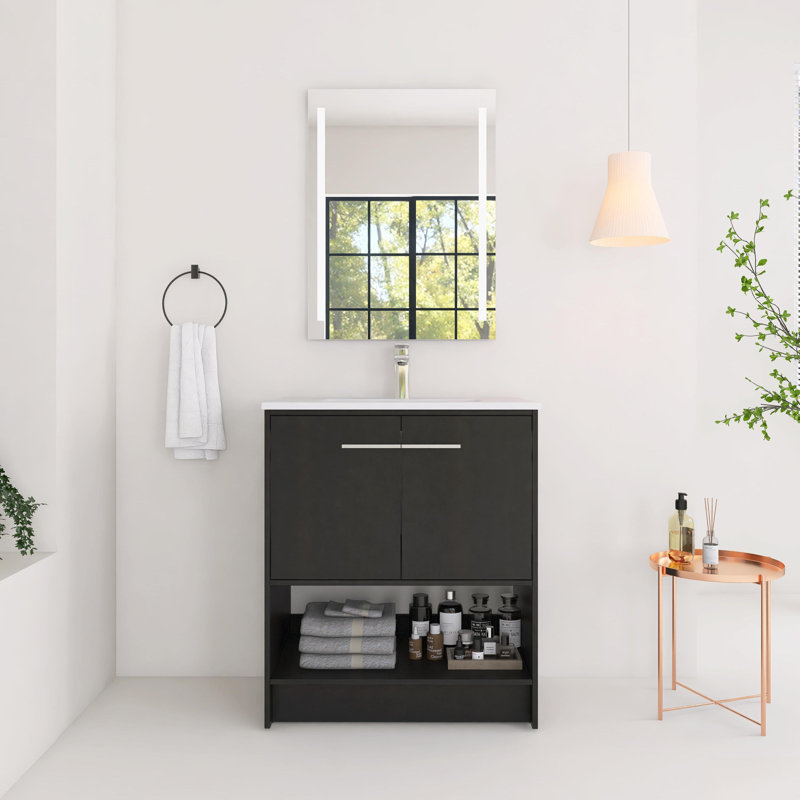 Meuble-lavabo autoportant 30 po avec lavabo en céramique, 2 portes à fermeture douce, Gris, Argent argent