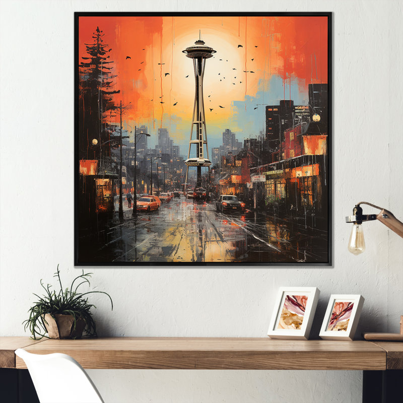 Pop Art Seattle City View - art mural Seattle, H 36 po x l 36 po x P 1,5 po, Cadre flottant noir