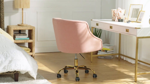 HONSIT Pink Desk Chair No Wheels, 250lb Criss Cross Legged Home Office  Chair, Adjustable Swivel Teddy Fabric Vanity Task Computer Chair Vanity  Chair